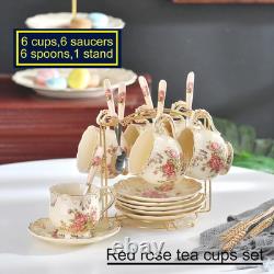 YOLIFE Tea Cups and Saucers Set of 6, 200 ML Vintage Pink Rose Ivory Porcelain T
