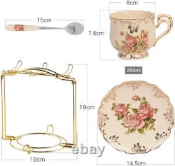 YOLIFE Tea Cups and Saucers Set of 6, 200 ML Vintage Pink Rose Ivory Porcelain T