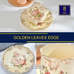 YOLIFE Tea Cups and Saucers Set of 6, 200 ML Vintage Pink Rose Ivory Porcelain T