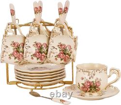YOLIFE Tea Cups and Saucers Set of 6, 200 ML Vintage Pink Rose Ivory Porcelain T