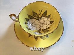 Yellow paragon tea cup saucer flowers gold gilt paint Gardenia flowers