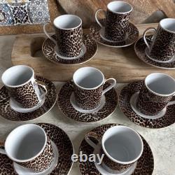 ZARA HOME Leopard Espresso Demitasse Cups Saucers Set of 8 Gold Trim Rare
